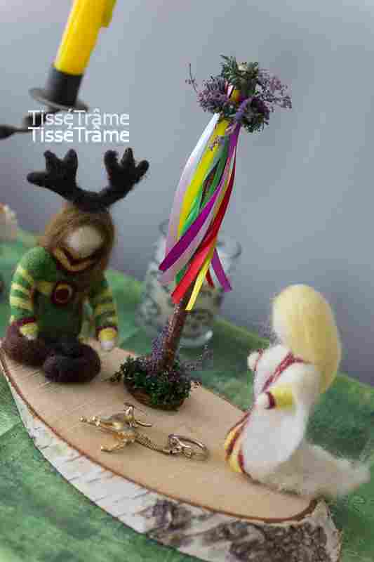 arbre de mai, tuto, beltane, déesse, cernunnos, feutrine, ruban, fleurs, bois